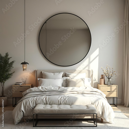 Elegant and Modern Bedroom Interior with Cozy Bed and Large Circular Mirror