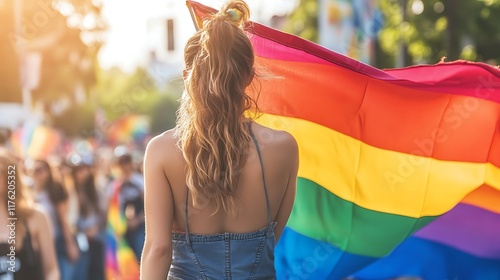 Woman at Pride Parade Holds Rainbow Flag High