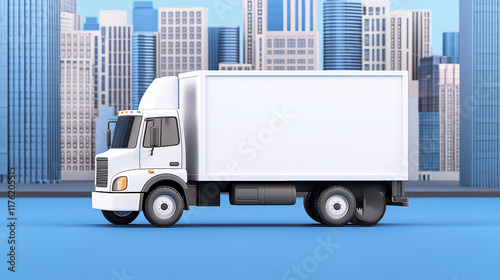 Delivery truck in cityscape, showcasing urban transportation