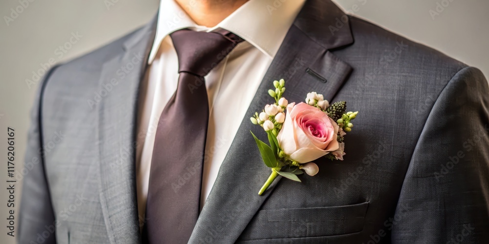 Groom's hand holding a boutonniere with a small floral arrangement attached to his lapel, against a neutral background color Groom's hand holding a boutonniere with a small floral arrangement attached to his lapel, against a neutral background color