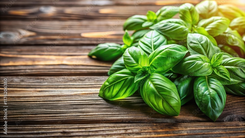 Close-up of fresh basil leaves on a wooden table background with natural light, summer, food, summer, food, spring, garnish, fresh Close-up of fresh basil leaves on a wooden table background with natural light, summer, food, summer, food, spring, garnish, fresh