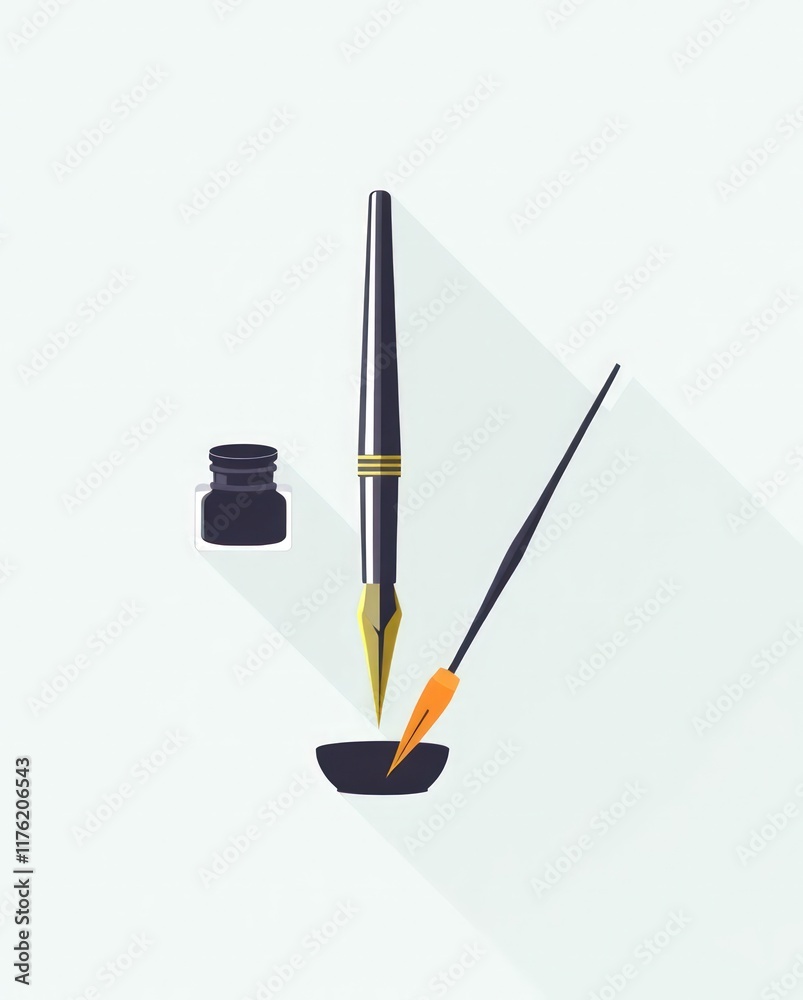 Stationery Tools Icon Set. Flat design of a fountain pen, inkwell, and calligraphy brush. Stationery Tools Icon Set. Flat design of a fountain pen, inkwell, and calligraphy brush.
