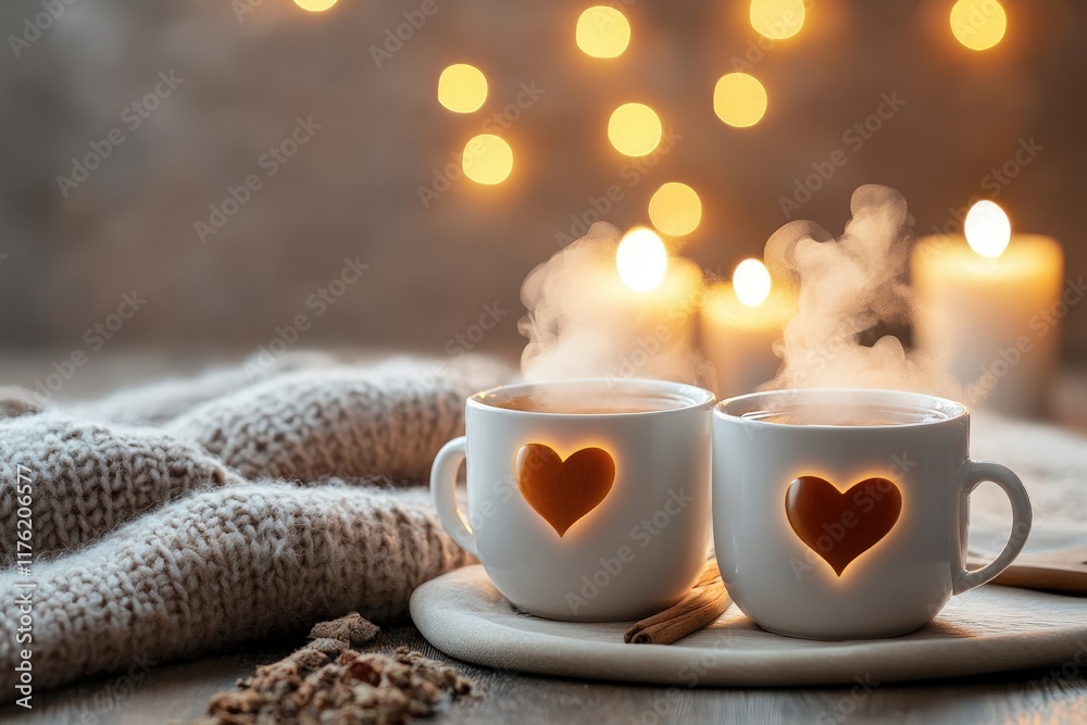 Cozy winter scene with two heart-embellished mugs, candles, and warm blanket Cozy winter scene with two heart-embellished mugs, candles, and warm blanket