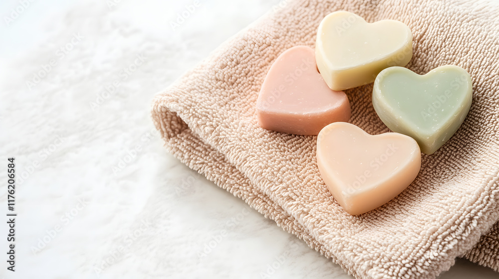 Obraz premium Heart shaped soap bars in soft pastel colors on neutral towel create soothing atmosphere. Perfect for relaxation and self care routines