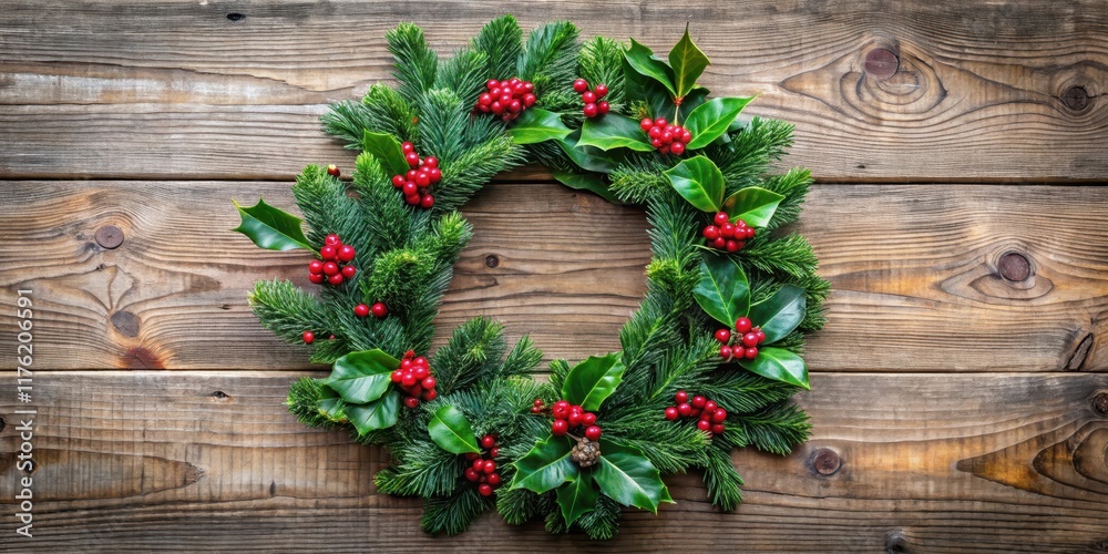 A festive Christmas holly wreath adorns a rustic wooden door frame, surrounded by evergreen branches and red berries , holiday decor, holiday season A festive Christmas holly wreath adorns a rustic wooden door frame, surrounded by evergreen branches and red berries , holiday decor, holiday season