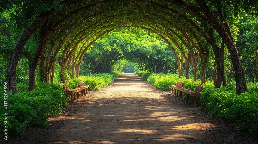 A serene pathway lined with lush greenery and benches, inviting relaxation and contemplation. A serene pathway lined with lush greenery and benches, inviting relaxation and contemplation.
