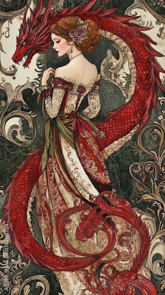 Obraz premium A Red Dragon and Woman in Elegant Attire