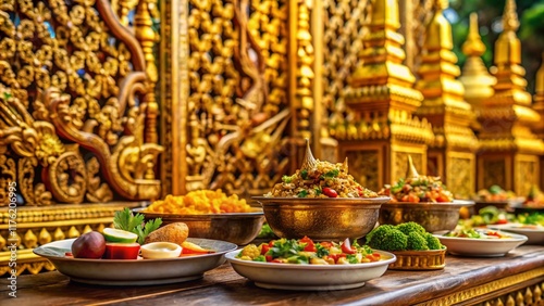 Fototapeta Naklejka Na Ścianę i Meble -  Delicious Thai Food on Golden Fence Background: Authentic Cuisine Photography