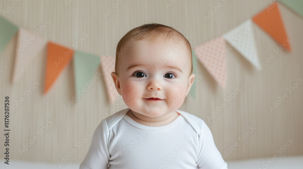 Baby bodysuit mockup and birthday A joyful baby smiles in front of a colorful bunting backdrop, radiating innocence and charm. Baby bodysuit mockup and birthday A joyful baby smiles in front of a colorful bunting backdrop, radiating innocence and charm.