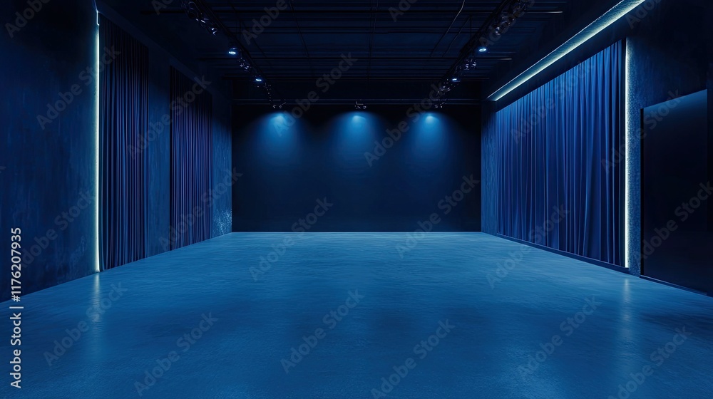 Modern Minimalistic Studio Space with Blue Lighting and Curtains Ideal for Creative Projects, Photography, and Video Production in a Spacious Environment Modern Minimalistic Studio Space with Blue Lighting and Curtains Ideal for Creative Projects, Photography, and Video Production in a Spacious Environment