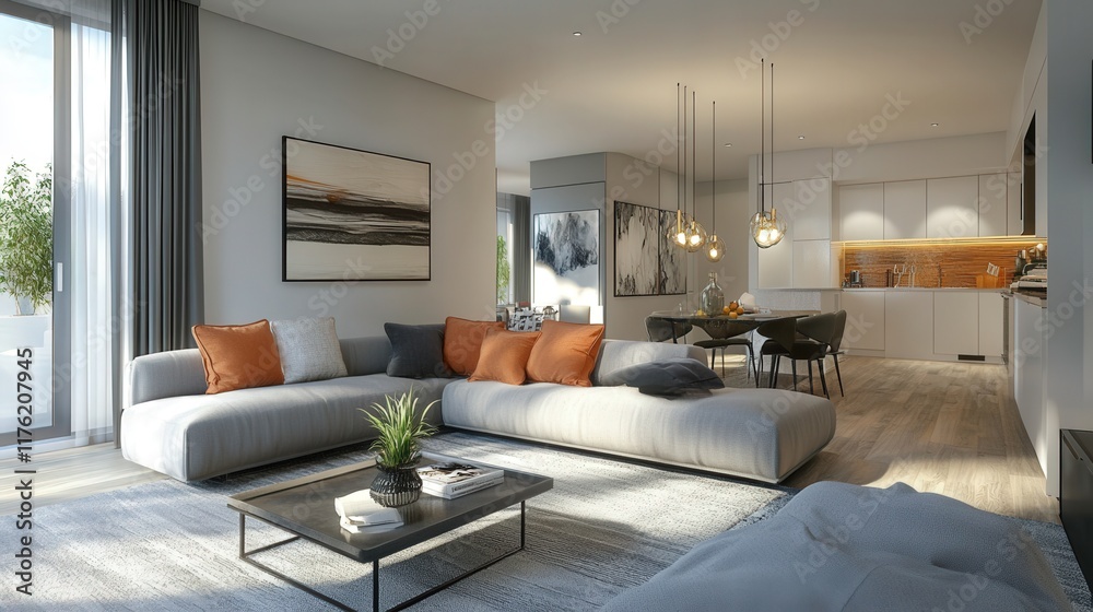 Fototapeta premium A large living room with a couch, coffee table, and a potted plant