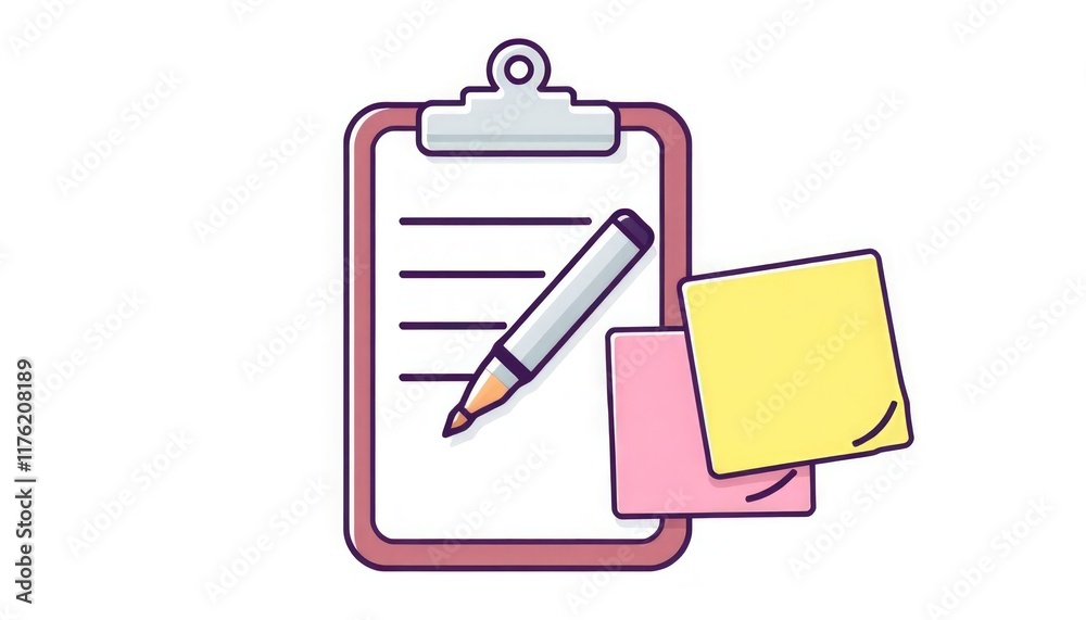 Stationery Tools Icon Set. Detailed icons of a clipboard, marker, and sticky notes.