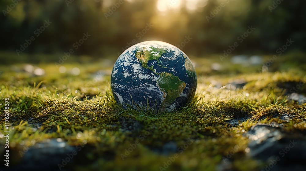 A realistic globe resting on moss, symbolizing Earth and nature in a serene environment. A realistic globe resting on moss, symbolizing Earth and nature in a serene environment.