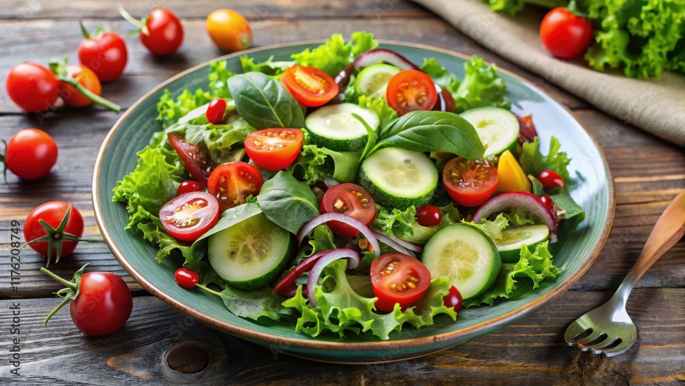 Fresh salad with mixed greens, cherry tomatoes and cucumber, healthy food, nutrition Fresh salad with mixed greens, cherry tomatoes and cucumber, healthy food, nutrition