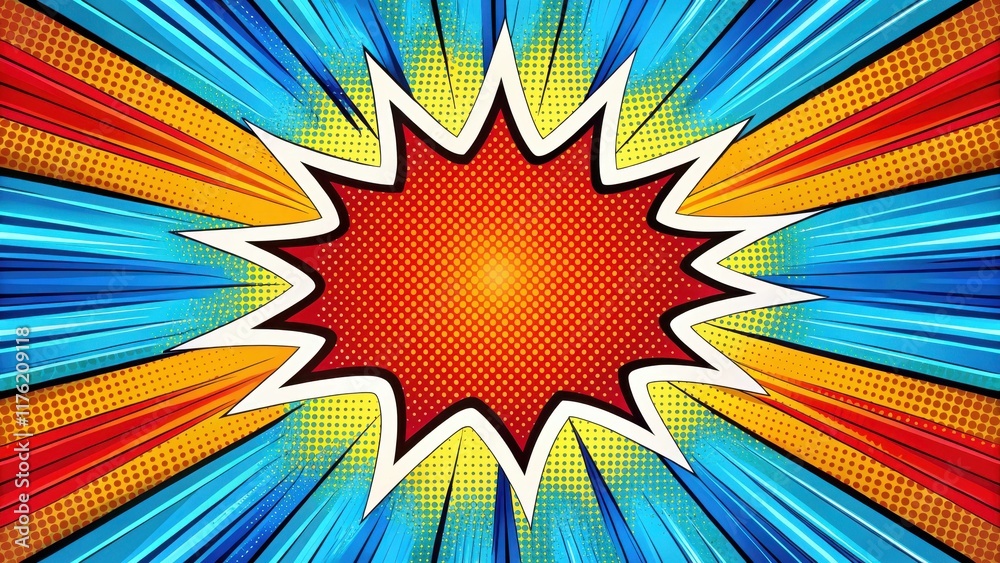 Fototapeta premium Vibrant comic book-inspired art piece with bold lines and bright colors against a radial backdrop, digital art, dynamic composition