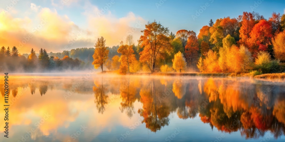 serene lake at dawn with misty fog gently rising from water surface and surrounding trees in autumn hues of orange yellow and red, tranquility, gentle light serene lake at dawn with misty fog gently rising from water surface and surrounding trees in autumn hues of orange yellow and red, tranquility, gentle light