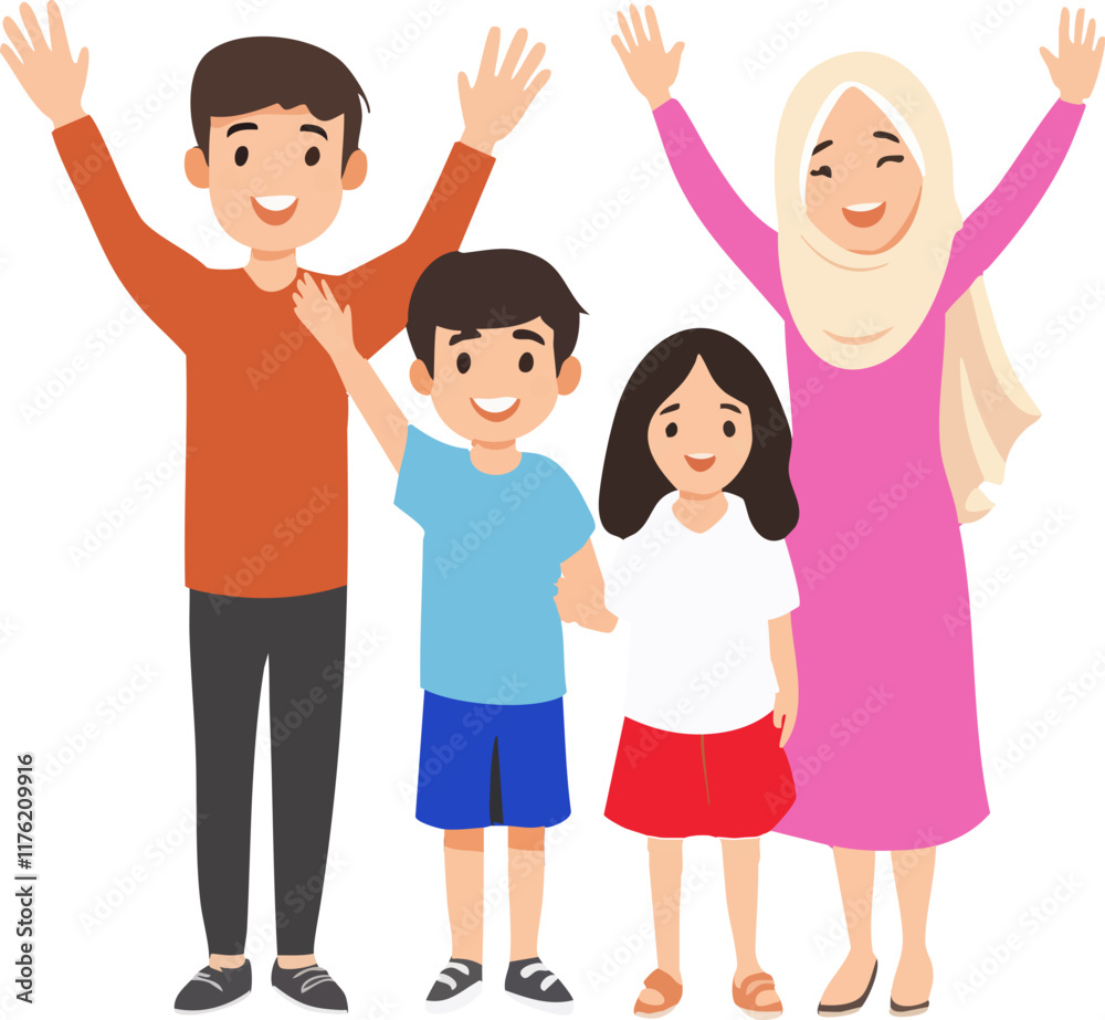 A joyful illustration depicting a happy family with parents and two children. A joyful illustration depicting a happy family with parents and two children.