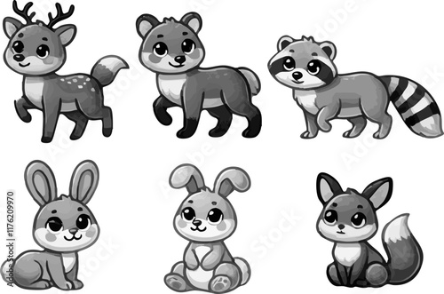 Cartoon-style plushies of forest animals like deer, raccoon, and bunny.