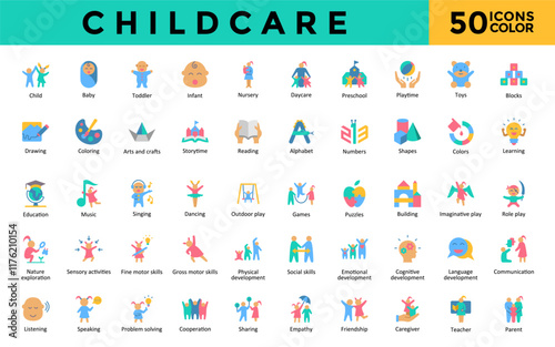 Childcare icons set with child, baby, toddler, infant, nursery, daycare, preschool, playtime, toys, blocks icon. Simple flat color vector 
