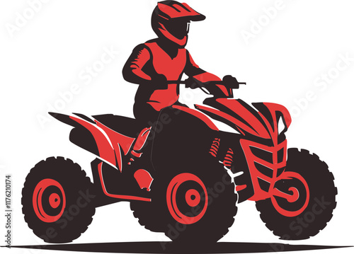 A vibrant illustration of a red quad bike with a dynamic rider in action.