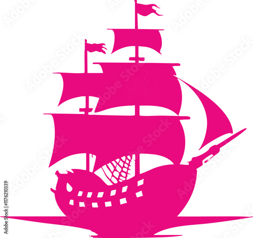 A vibrant and fun illustration of a pink pirate ship with sails and flags.