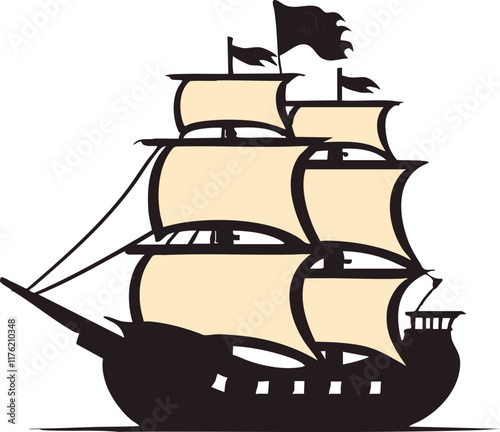 A bold and detailed illustration of a traditional pirate ship with sails.