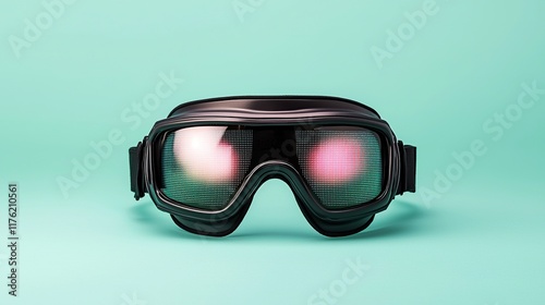 A sleek pair of futuristic goggles with vibrant, digital-like patterns, set against a mint green background, suggesting technology and innovation. photo