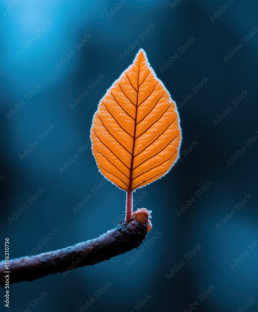 Close-up of an orange leaf on a branch against a blurred blue background Close-up of an orange leaf on a branch against a blurred blue background
