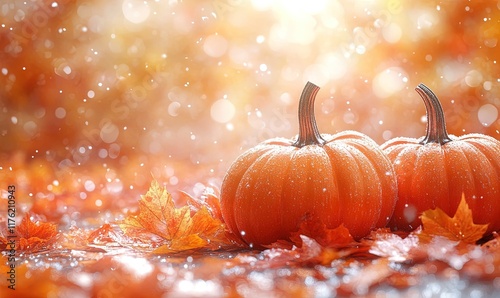 A serene autumn scene featuring pumpkins and colorful leaves, evoking a cozy seasonal atmosphere.