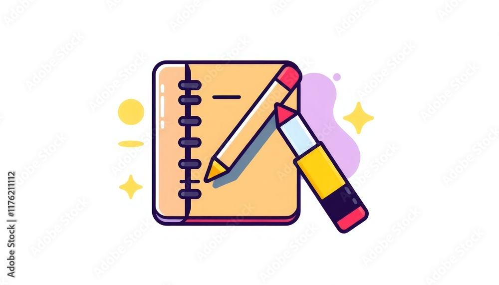Stationery Tools Icon Set. Icon set of a notebook, pen, and highlighter with vibrant accents. Stationery Tools Icon Set. Icon set of a notebook, pen, and highlighter with vibrant accents.