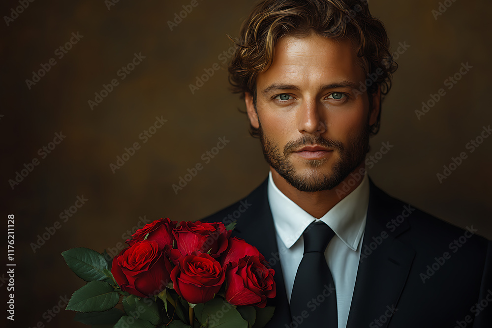Elegant man in a black suit holding a bouquet of red roses against a light background, exuding charm and romance, perfect for Valentine’s Day or love-themed projects Elegant man in a black suit holding a bouquet of red roses against a light background, exuding charm and romance, perfect for Valentine’s Day or love-themed projects
