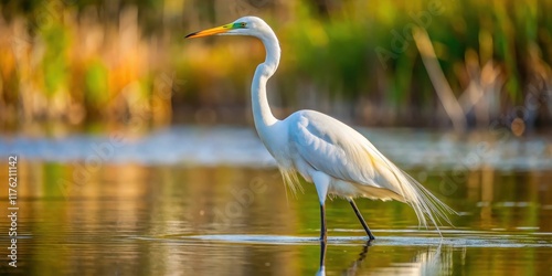 A majestic Great Egret stands proudly in shallow water