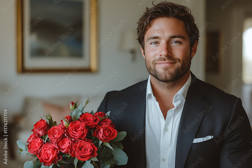 Elegant man in a black suit holding a bouquet of red roses against a light background, exuding charm and romance, perfect for Valentine’s Day or love-themed projects Elegant man in a black suit holding a bouquet of red roses against a light background, exuding charm and romance, perfect for Valentine’s Day or love-themed projects