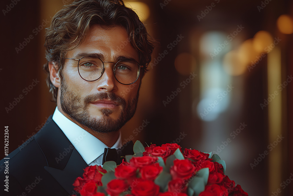 Elegant man in a black suit holding a bouquet of red roses against a light background, exuding charm and romance, perfect for Valentine’s Day or love-themed projects Elegant man in a black suit holding a bouquet of red roses against a light background, exuding charm and romance, perfect for Valentine’s Day or love-themed projects