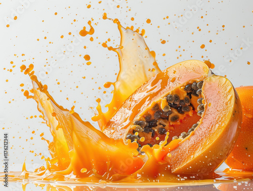 Splash effect of orange juice, high speed photography, on plain white background photo