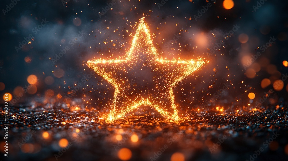 A glowing star shape made of sparkling particles against a dark, atmospheric background. A glowing star shape made of sparkling particles against a dark, atmospheric background.