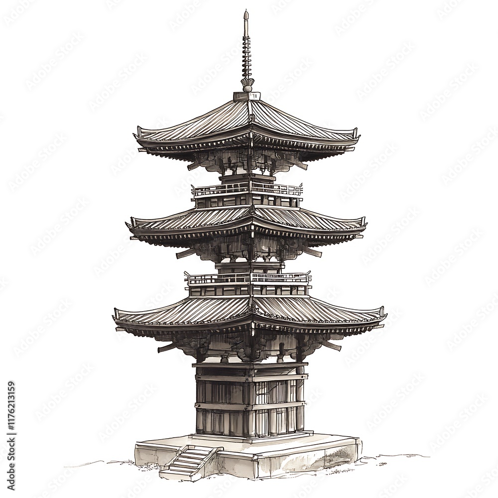Ink Sketch of a Three-Story Japanese Pagoda, Traditional Architecture Illustration.