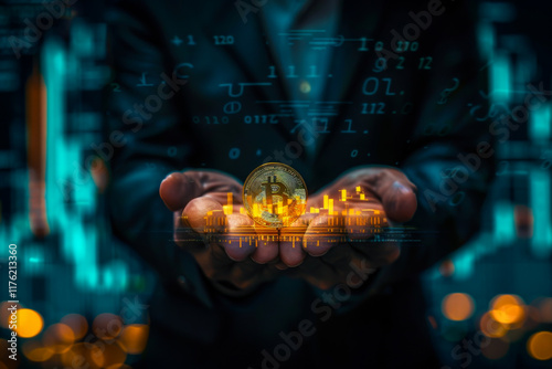 Wallpaper Mural man in rich suit showing bitcoin coin in own hand and yellow forex trading graphic down on the background Torontodigital.ca