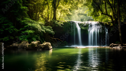Ephemeral Light Beaming through Verdant Canopy onto a Hidden Cascading Waterfall - An Unspoiled Natural Sanctuary