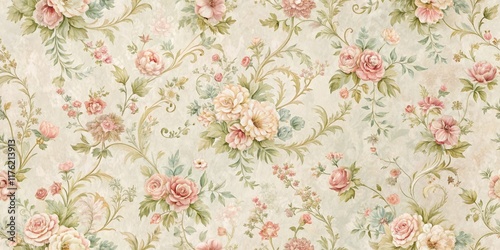 Soft pastel hues and delicate floral patterns adorn a vintage-inspired wallpaper with intricate details , retro style, decorative design