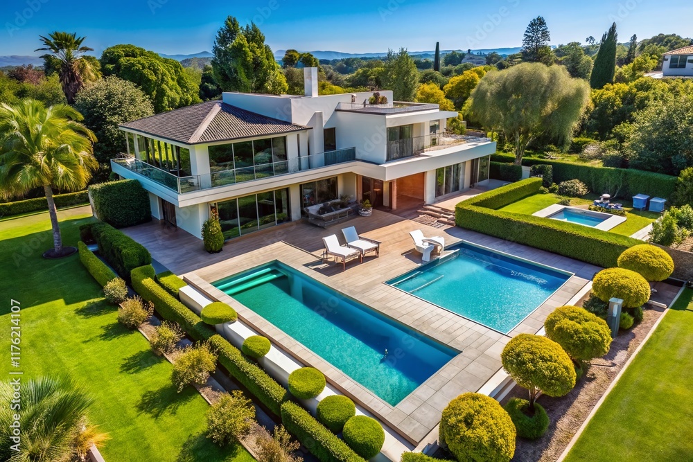 Drone View: Luxurious Home, Tranquil Pool, Serene Landscape Drone View: Luxurious Home, Tranquil Pool, Serene Landscape