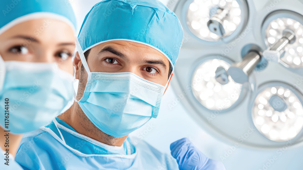 Surgical team in blue scrubs preparing for procedure under bright lights Surgical team in blue scrubs preparing for procedure under bright lights