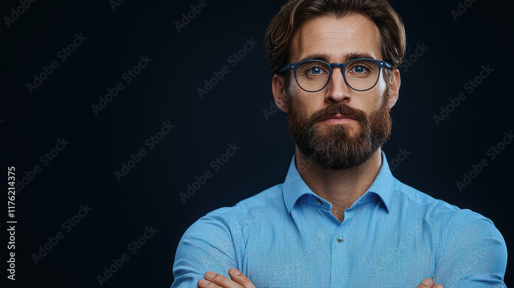 Obraz premium Confident man with glasses and beard, wearing blue shirt, poses thoughtfully