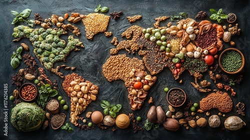 A creative food map of the world made from various ingredients representing different regions.