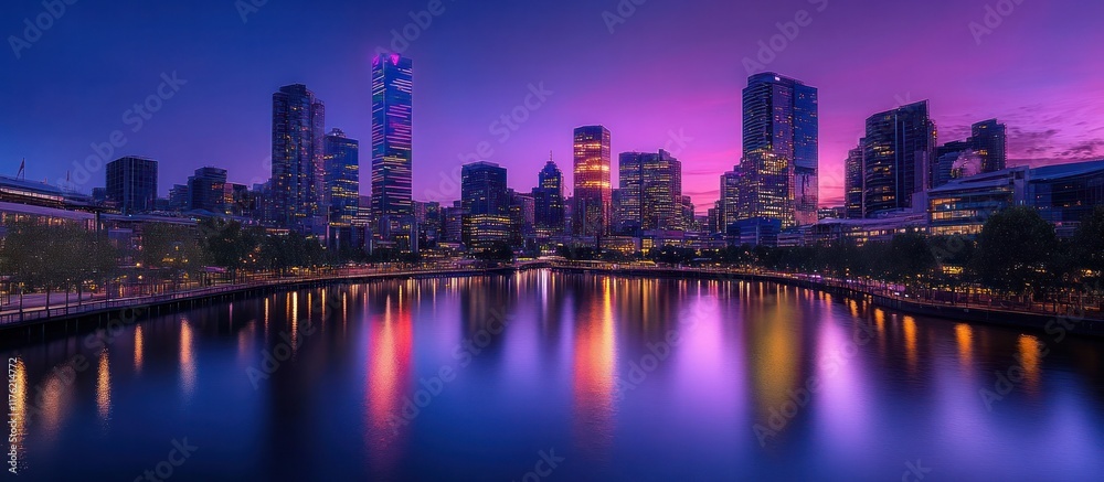 Naklejka premium Illuminated futuristic city skyline reflecting in a river at dusk