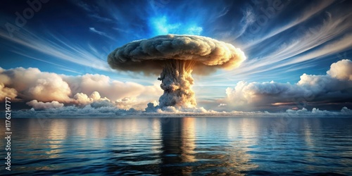 Mushroom cloud over ocean surface after nuclear explosion , detonation, nuclear fallout