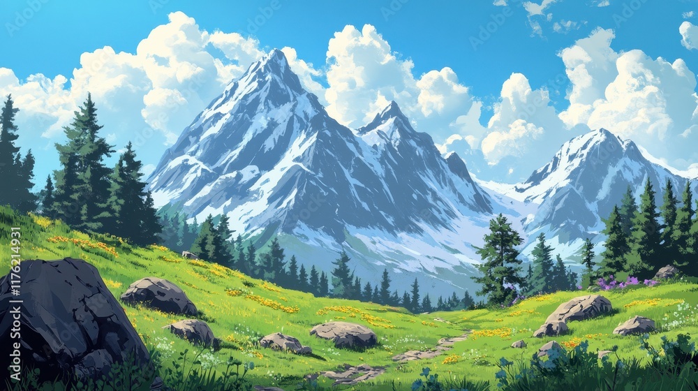 Obraz premium A Winding Path Through a Verdant Meadow with Snowy Mountain Peaks in the Distance