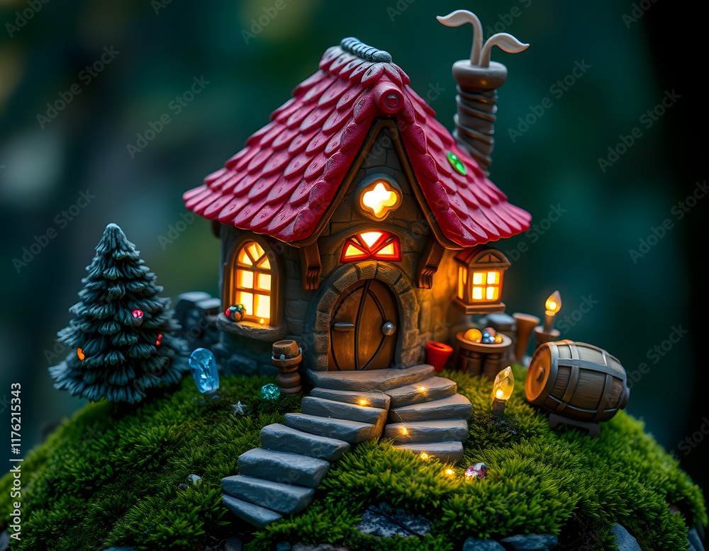 Fototapeta premium Whimsical Fairy-Tale House: Mossy Hill Setting, Glowing Windows, Red Tiled Roof with Geometric Patterns, Stone Walls, Gem Decorations, and Magical Crystals Creating a Cozy and Enchanting Scene