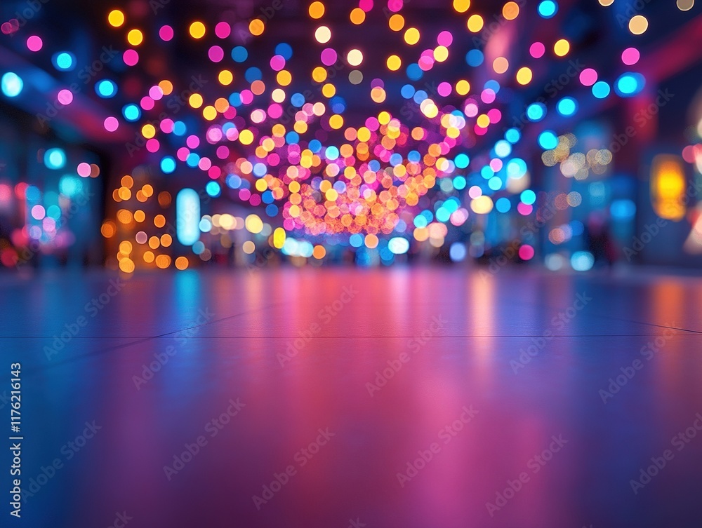 Obraz premium A vibrant, colorful bokeh effect with lights creating a festive atmosphere in a blurred indoor setting.