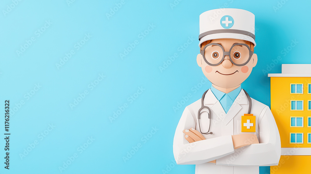 cheerful doctor character in white coat with st oscope, smiling against blue background cheerful doctor character in white coat with st oscope, smiling against blue background